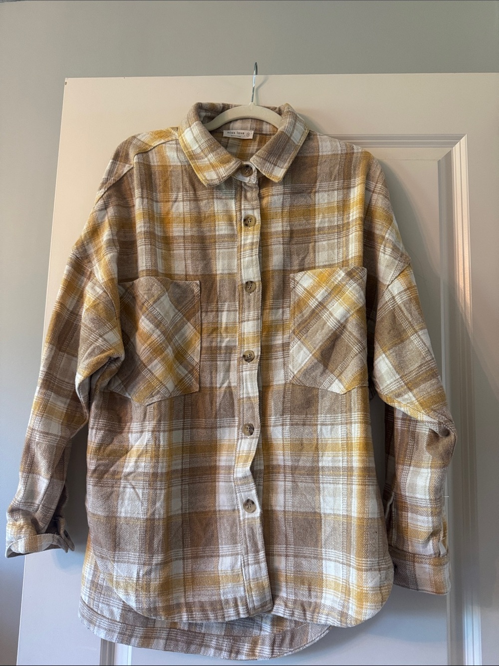 Woman's Plaid Button-Down Shirt Jacket - gold, Cream & tan.